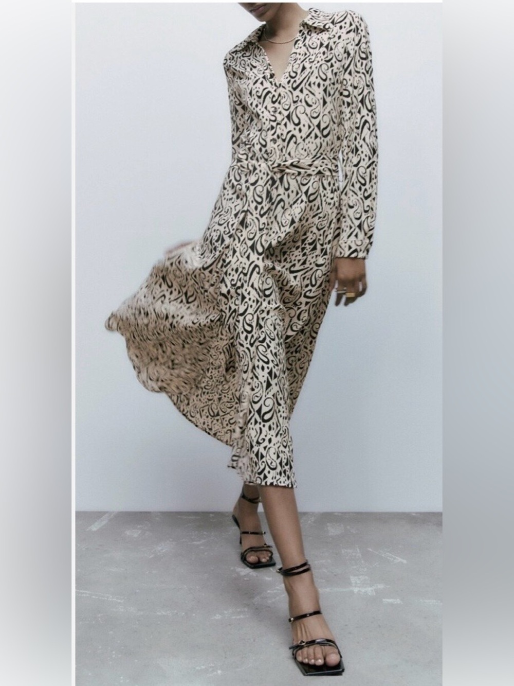 Zara Beige and Black Printed Maxi Shirt Dress with Self-Tie Belt